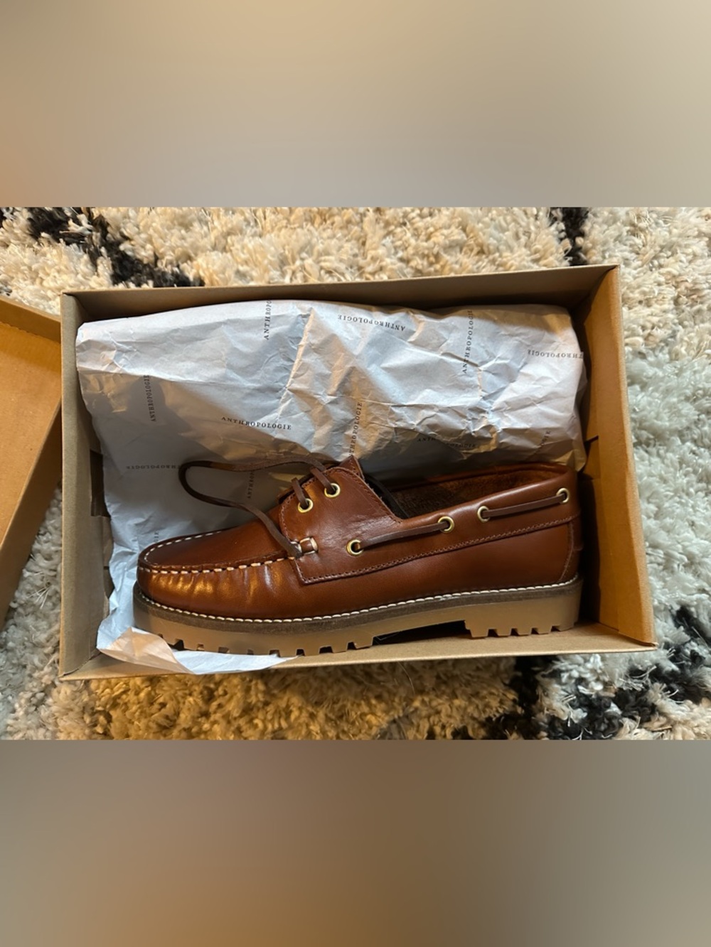 Anthropologie women’s Leather Lug-Soled Boat Shoe